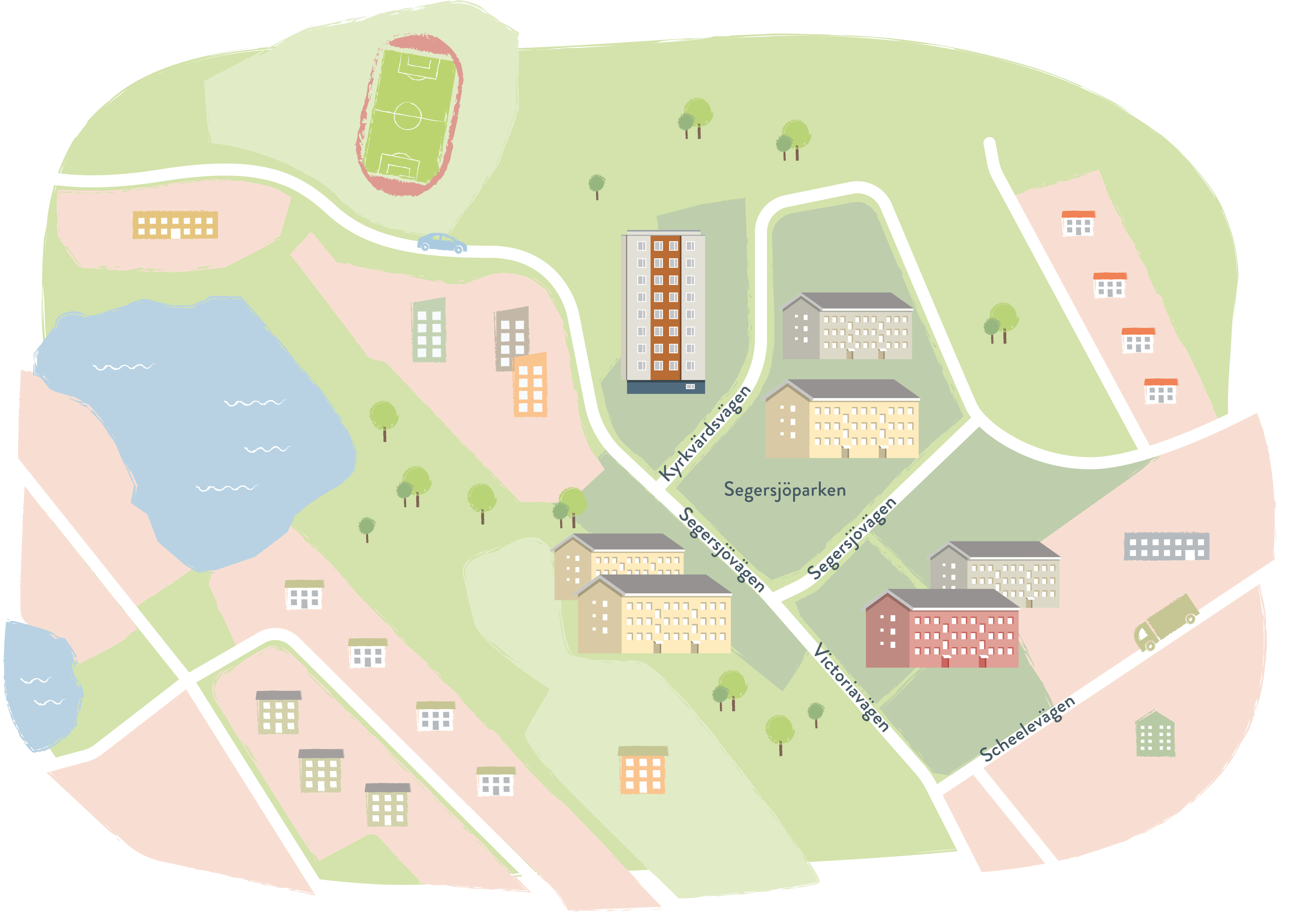 Illustrerad karta som visar var Botkyrkabyggens hus finns i Segersjö